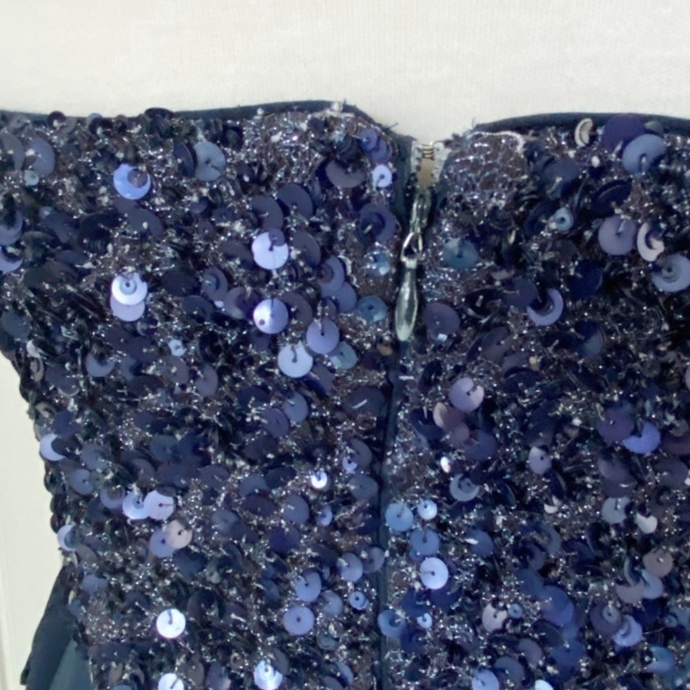 Badgley Mischka Navy Blue Strapless Sequins Ruffle Long Gown Dress Size 12 - Picture 13 of 16